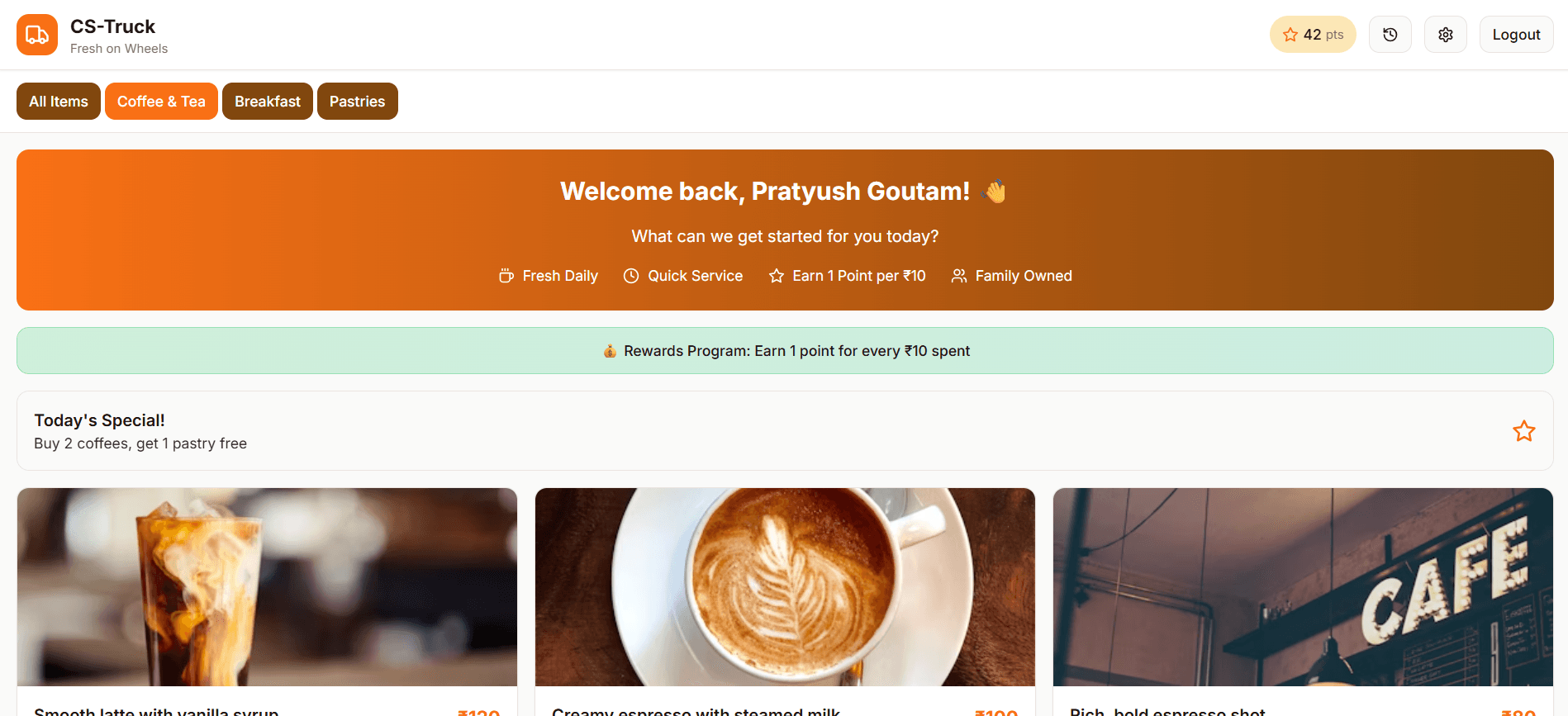 Screenshot of CS-Truck - Production-Ready Food Ordering System - Full Stack project
