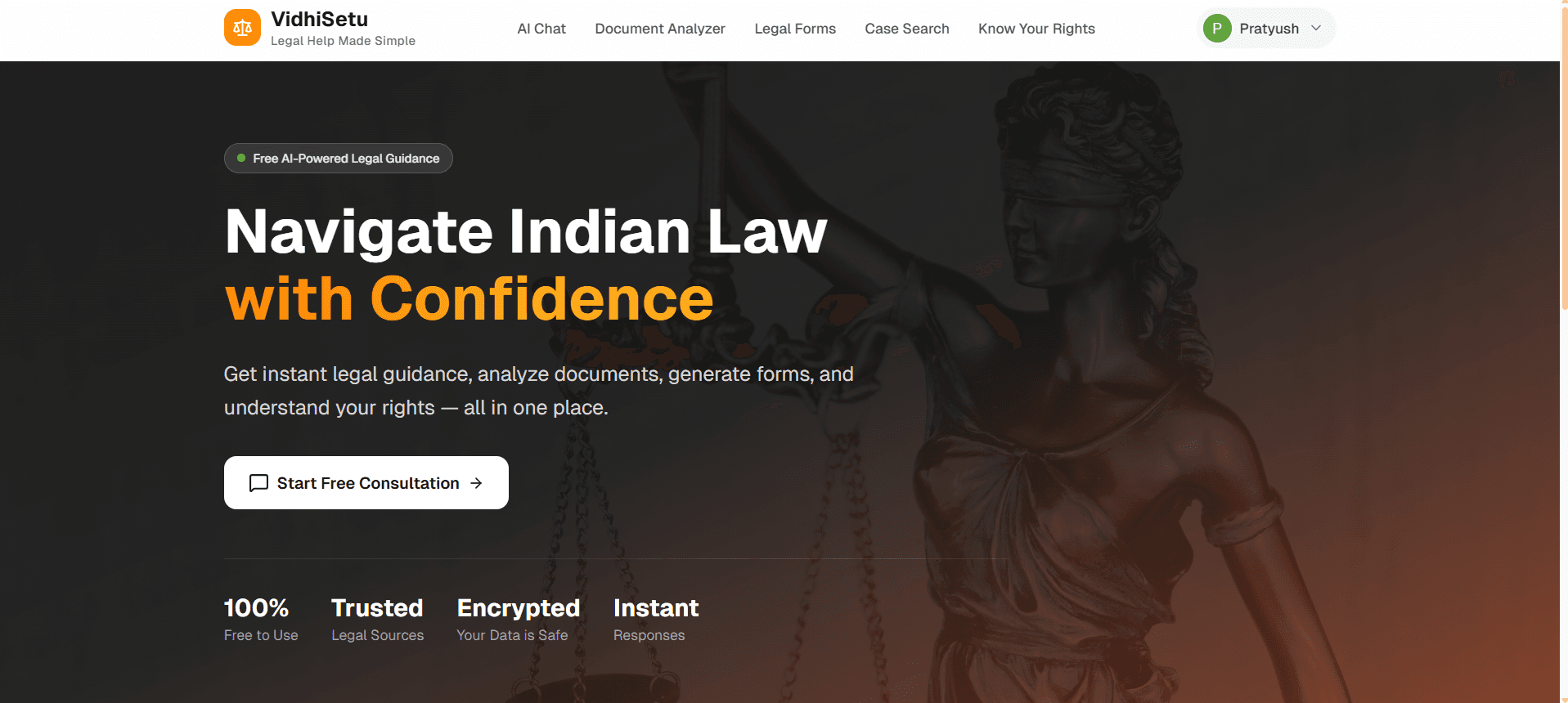 Screenshot of VidhiSetu - AI Legal Assistant for Indian Law - Full Stack project
